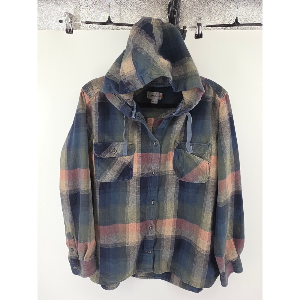 Carhartt Womens XXL Plaid Hooded Flannel Shirt Blue Green 103235-305